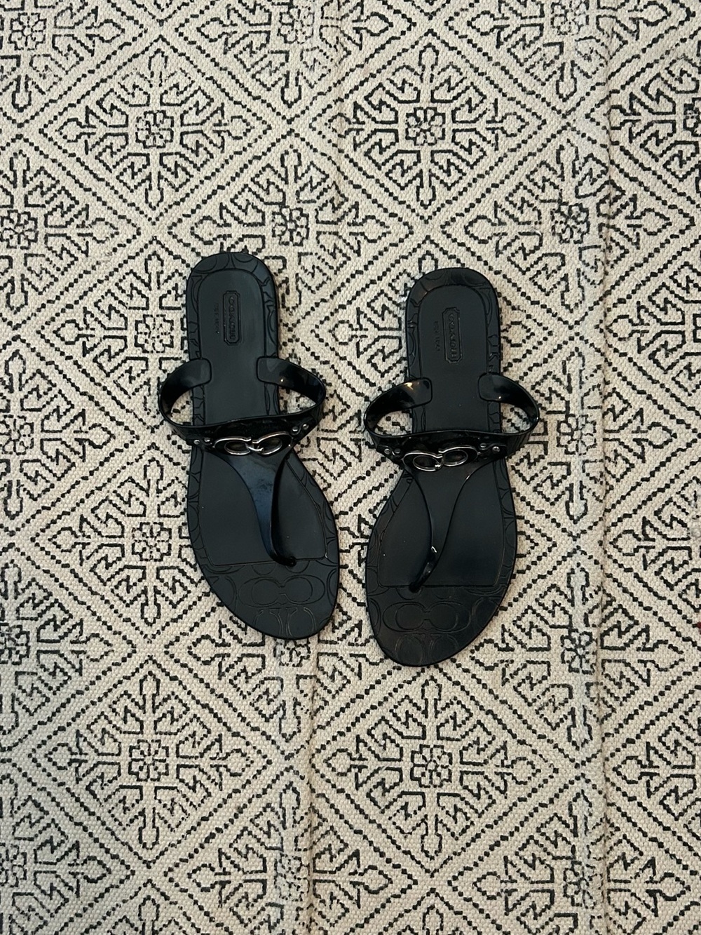 Coach Black Patent Leather Toe-Post Sandals with Chain Detail